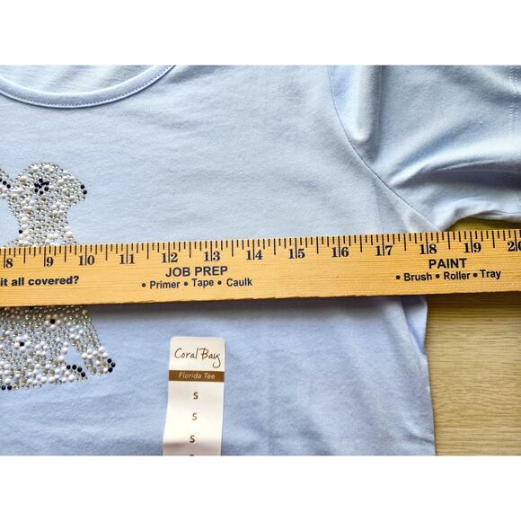 TOP/BLOUSE-CORAL BAY-Light Blue-Rabbit-Faux Pearls-Rhinestones-Size Small - Picture 13 of 16